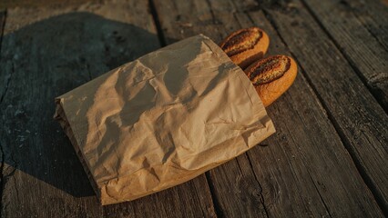 Baguettes in paper bag on wood