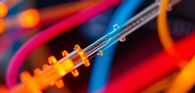 Close-up of fiber optic cable strands transmitting data,  fiber optic cable,  technology - Powered by Adobe