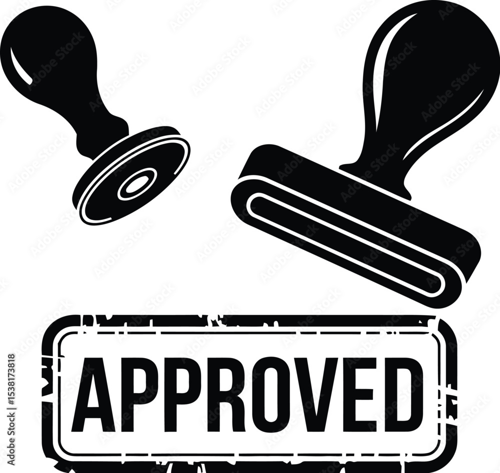 Poster two black stamps hovering above a rectangular stamp with the word approved on a white background