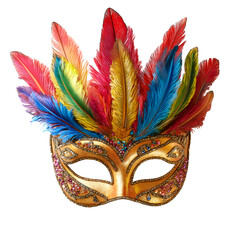 Colorful feathered carnival mask costume accessory on transparent background