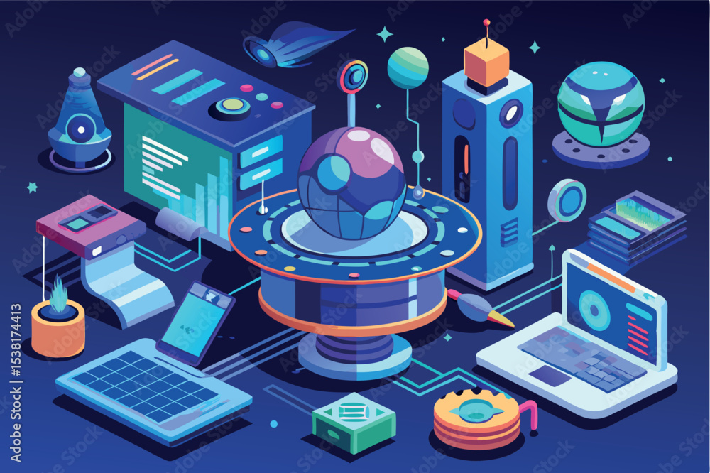 Poster modern technology illustration featuring futuristic devices and data visualization elements in a vib