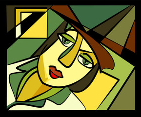 Cubist-style depiction of a person features geometric shapes and bold lines, with a palette dominated by greens and browns. The subject wears a hat and displays a calm expression.