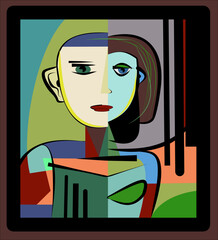 A cubist-style portrait combines geometric shapes and bold colors, split into contrasting sections. The abstract composition emphasizes asymmetry and fragmented forms.