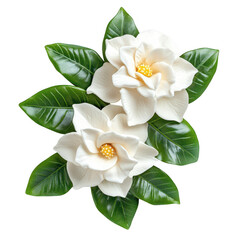 Two elegant gardenia blossoms surrounded by leaves on transparent background