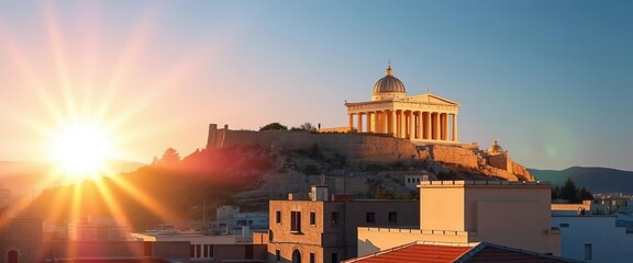 Athens rooftop panorama, sunlit Acropolis view, temple, acropolis