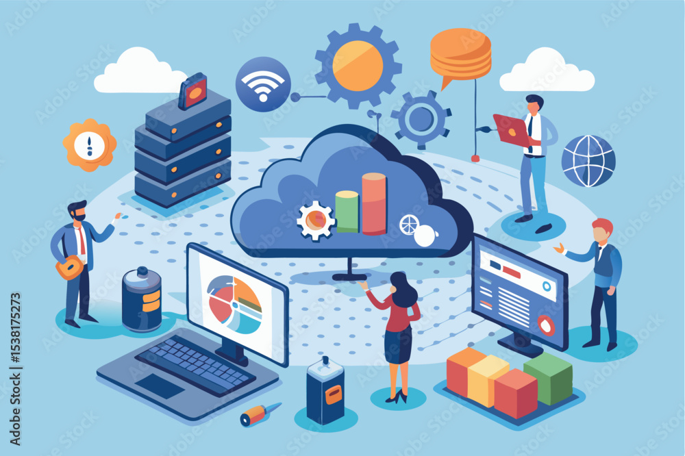 Poster data management and cloud computing concepts with people working in a modern office environment
