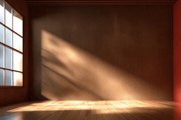 Spacious Sunlit Brown Empty Room Interior with Parquet Flooring and Soft Natural Light Streaming In