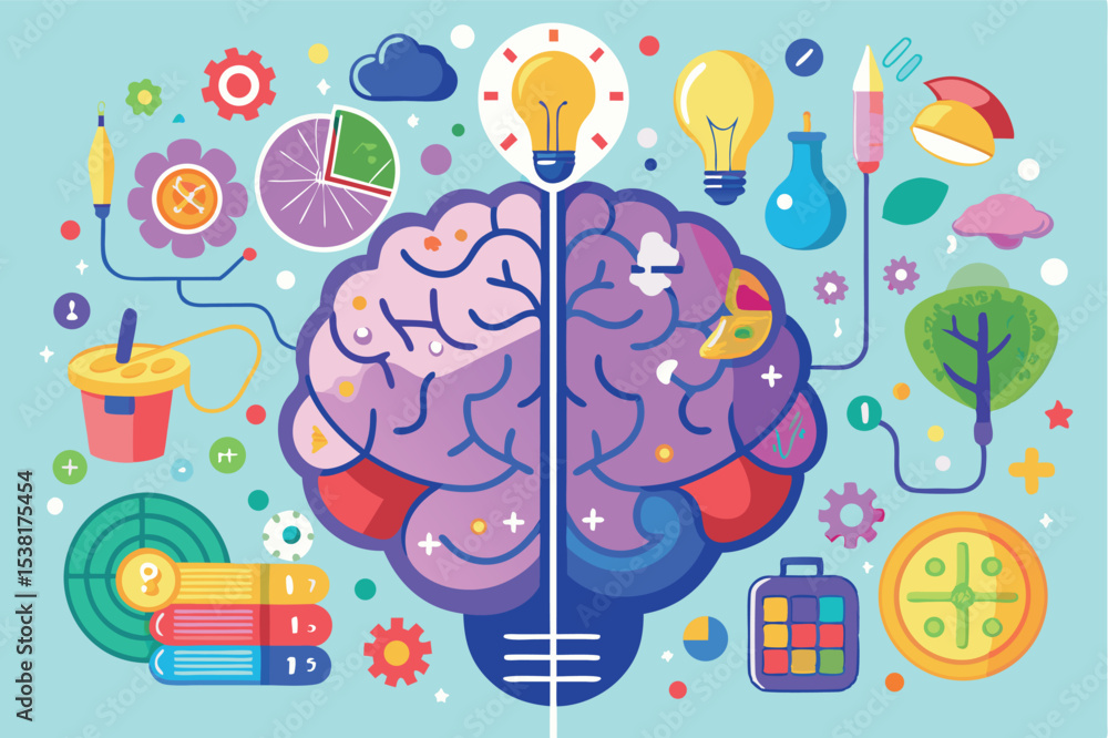 Poster creative representation of a brain with ideas, nature, and learning elements in a colorful design