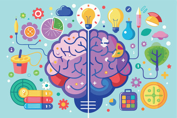 Creative representation of a brain with ideas, nature, and learning elements in a colorful design