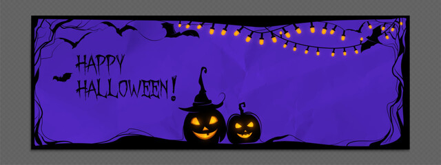 Halloween social media banner frame with purple paper textured background - spooky glowing pumpkin lanterns, string lights and flying bats. Happy holiday greeting with twisted tree branches. © klyaksun