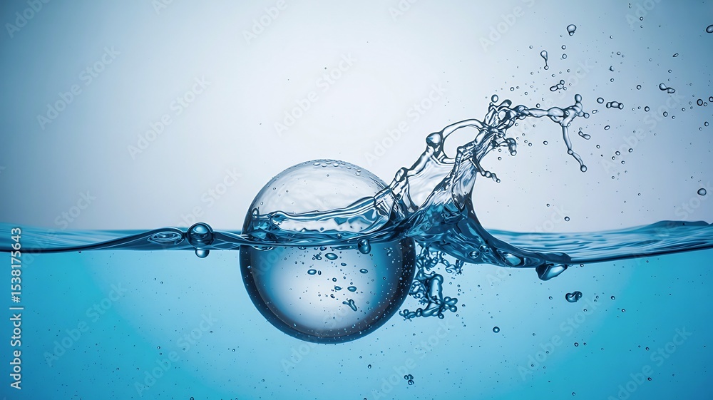 Poster aqua sphere splash: a captivating image presents a transparent sphere partially submerged in water, 