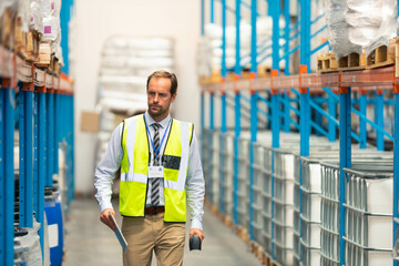 Man wearing safety vest and ID badge walking through warehouse aisle holding scanner and folder
