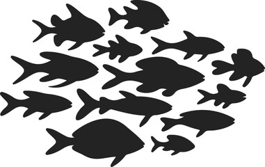 Silhouette school of fish vector collection underwater marine life black aquatic animal icons set
