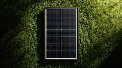 A solar panel placed on green grass. The panel is rectangular with a grid of solar cells, representing sustainable energy and alternative energy sources.