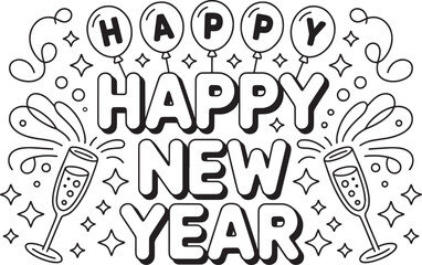 Happy New Year Coloring Page with Balloons and Champagne Glasses &ndash; Festive Line Art for Kids and Adults, Black and White Happy New Year Vector, Festive New Year Line Art