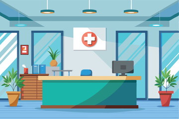 Obraz premium Modern reception area in a healthcare facility with plants and technology