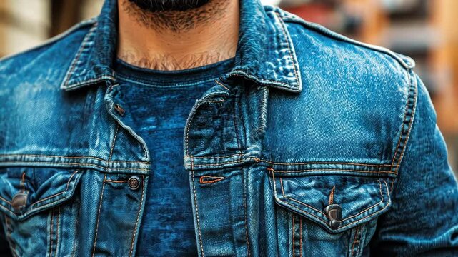 Close-up of a distressed denim jacket over a dark shirt
