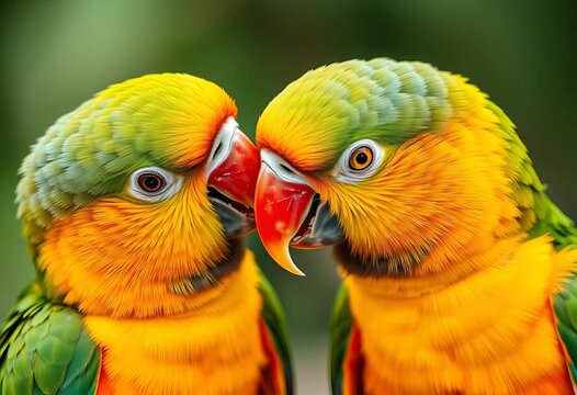 Two parrots gently nibbling each other's beaks, playful interaction,  red,  colorful