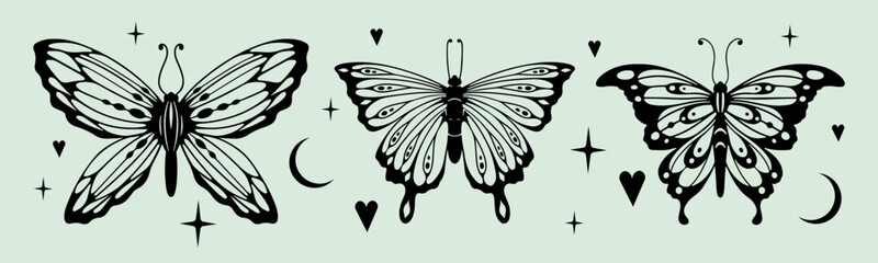 Y2K butterfly tattoo designs with celestial elements - black silhouettes with detailed wings, stars and moon symbols. Retro gothic aesthetic collection for body art, nostalgic fashion graphics.