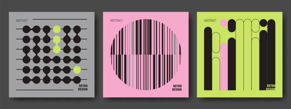 Abstract retro brutalist design posters with geometric patterns - minimalist compositions with circles, lines and metaball shapes on vibrant bg. Modern graphic art collection for branding presentation