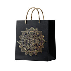 Black shopping bag with gold mandala design isolated on transparent background