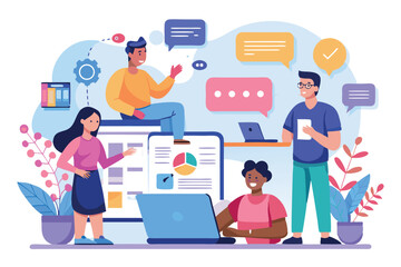 Team collaboration in a modern workspace showcasing discussion, data analysis and technology