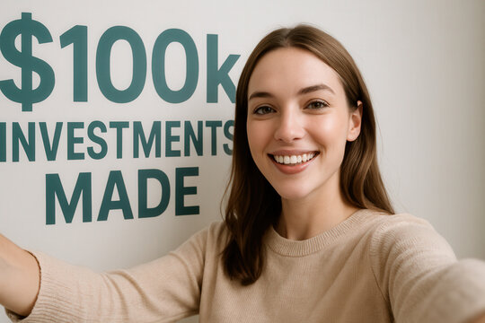 Smiling young European woman taking selfie in front of $100k investments made sign. Concept of financial success, women investors, economic independence, and wealth empowerment