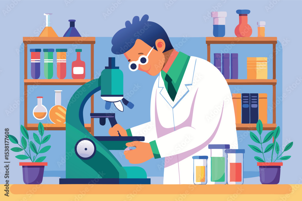 Poster scientist working in laboratory with microscope and colorful liquids