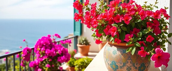 Terracotta pot overflowing with vibrant bougainvillea on sun-drenched Mediterranean terrace, Italy, summer