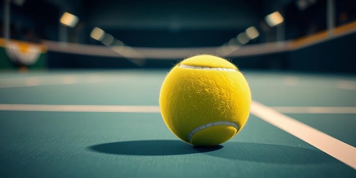 Tennis ball in dynamic motion against blurred court lines, vibrant colors,  poster,   brochure - Powered by Adobe