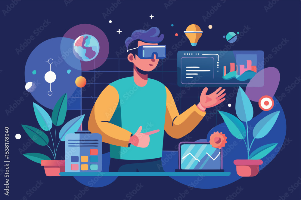 Poster virtual reality enthusiast engaged in interactive learning activity