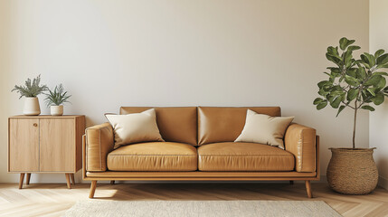 Fototapeta premium A comfortable brown leather sofa sits in a bright living room, creating a cozy atmosphere and inviting a feeling of relaxation 
