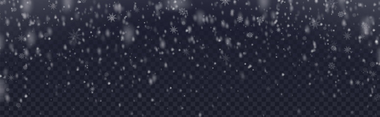 Winter snow overlay with falling snowflakes on dark transparent background - realistic white flake particles floating down for Christmas design, holiday decoration and seasonal effect composition.