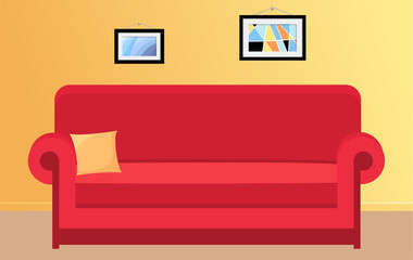 Concept of cozy home. Living room with sofa, lamp and paintings on walls