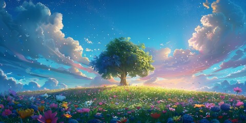 Vibrant Wildflower Field Under Blue Sky Ai generate
