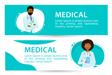 Banner with doctor man. Medical care. African Doctor in white bubble on blue background