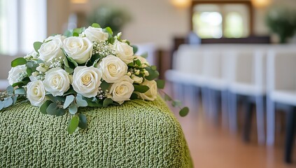 Green Knitted Casket Cover with White Roses in Bright Wedding Venue – Indoor Ceremony Scene with Chairs in Background