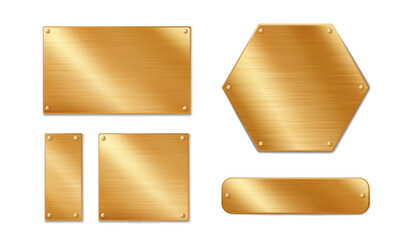 Polished gold metal plates with screw details - luxury tag collection in various shapes for premium branding, award plaques and elegant signage with brushed golden texture on white background.