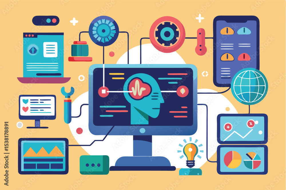 Poster digital network illustrating concepts of artificial intelligence and data analysis in technology