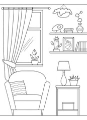 Living room graphic black white home interior vertical sketch illustration vector 