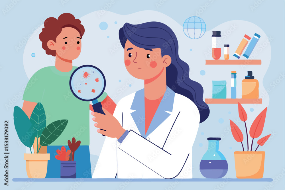 Poster scientist using a magnifying glass to observe samples in a laboratory with a curious child nearby
