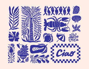 Hand-drawn Amalfi summer clipart set with florals, seafood, fruits, and beach doodles. Retro Mediterranean vibes in a charming, naive, minimal style. Perfect for postcards and design.