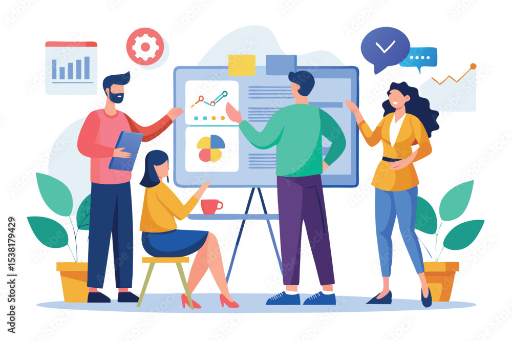 Poster team collaborates in an office space to discuss project data and strategies during a business meetin