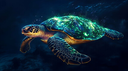 Obraz premium A luminous sea turtle swims in the deep ocean.