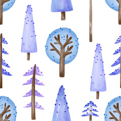 Winter trees seamless pattern on isolated background. Snowy forest landscape. Baby background