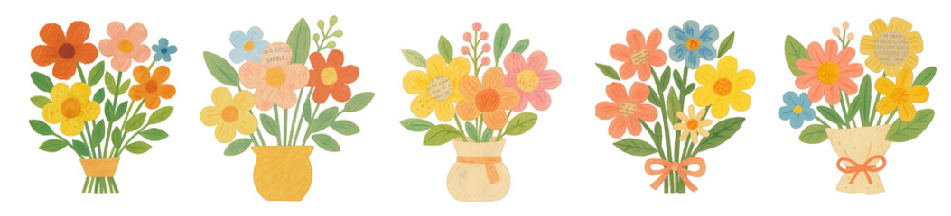 Naklejka premium PNG Colorful floral bouquet illustrations, element set on transparent background