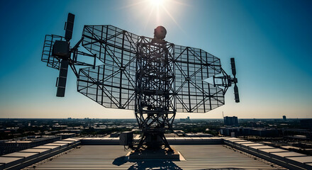 Radar antenna on rooftop with city skyline and bright sun