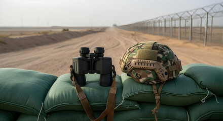 Military Gear on Sandbags - Surveillance Equipment