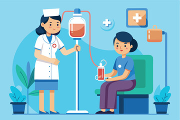 Nurse assists patient during blood donation in clinic