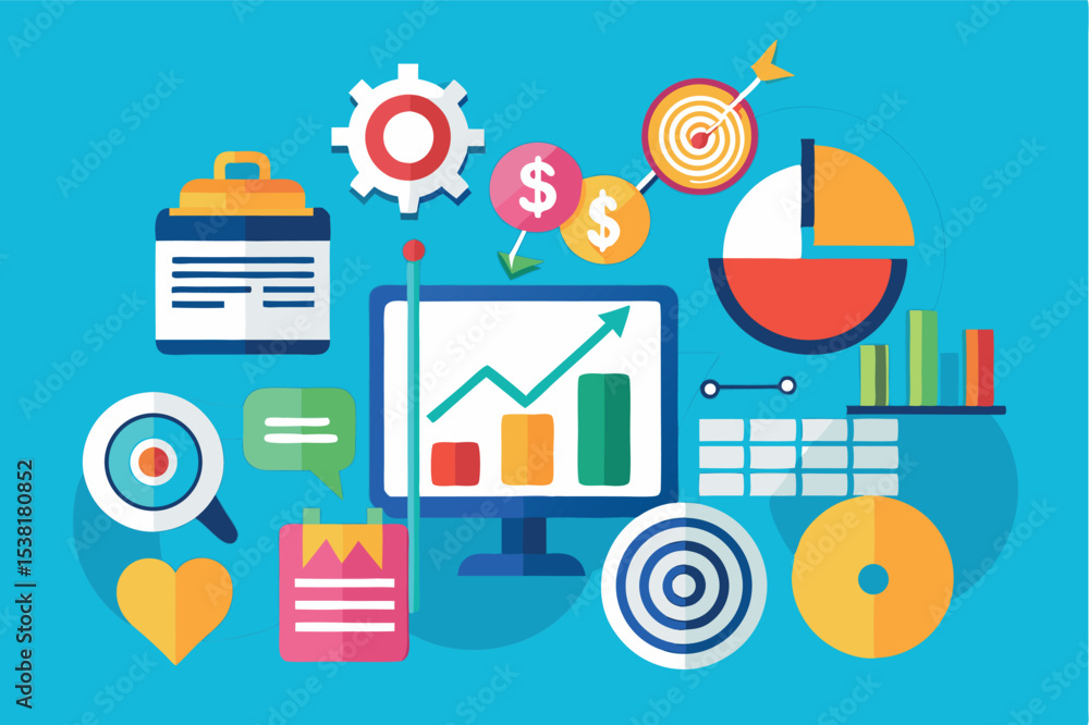 Poster business analytics and performance metrics in a colorful illustration capturing insights from data a